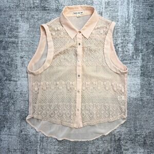 Double Zero Top Womens Large Pale Pink Lace Sheer Button Up Shirt Coquette Twee